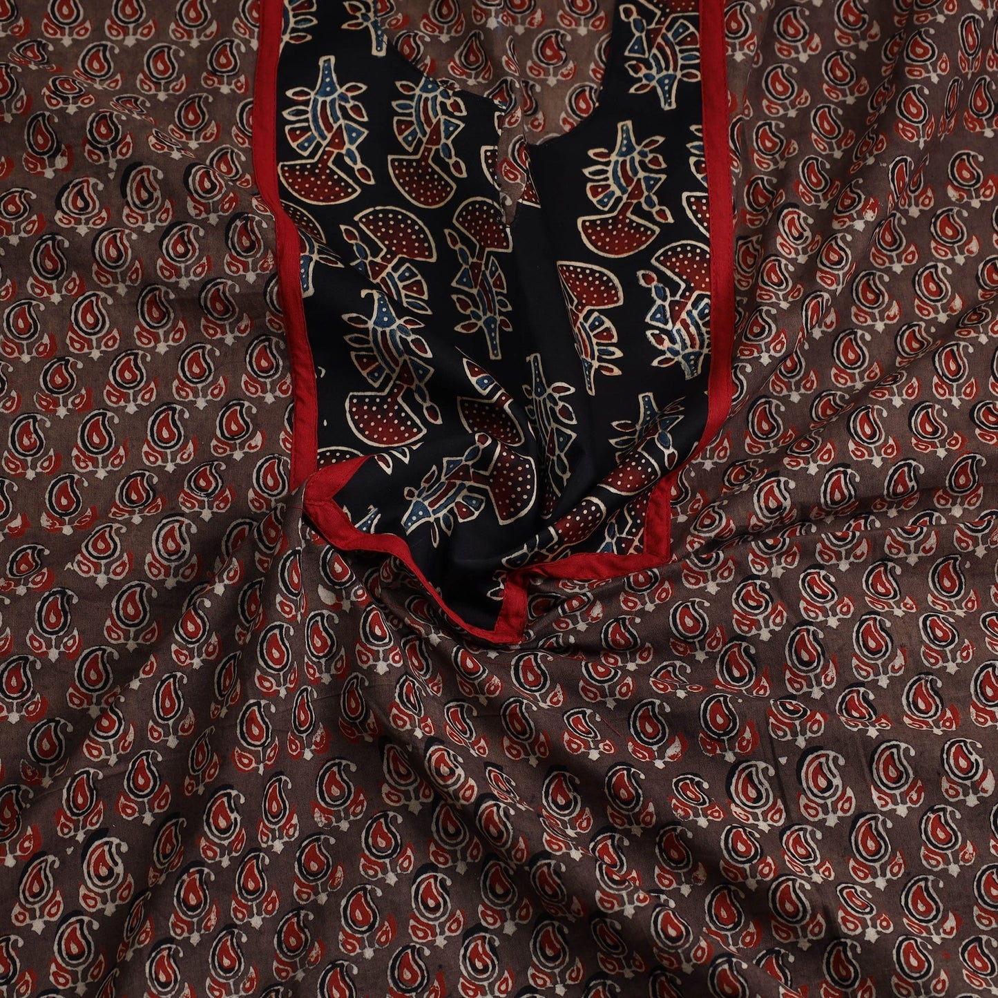 Brown Ajrakh Print Cotton Patchwork Kurta Material (3m)