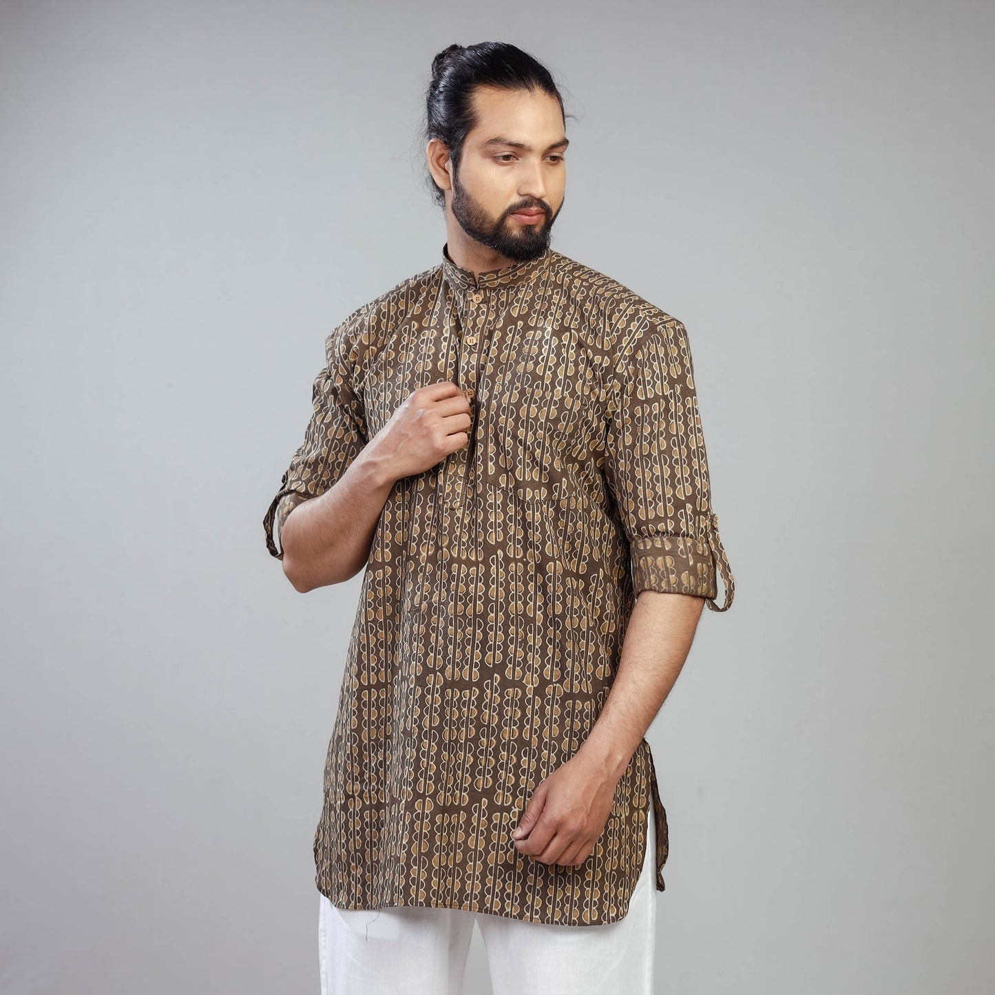 Brown Akola Block Print Cotton Men Short Kurta