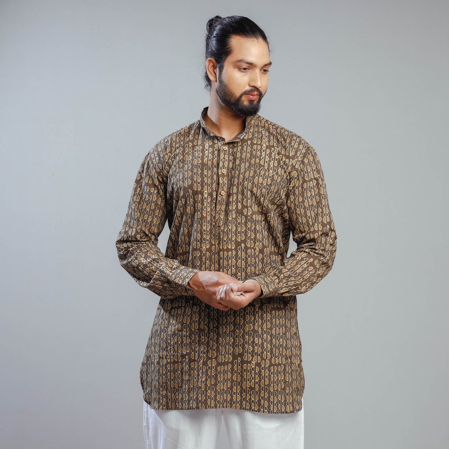 Brown Akola Block Print Cotton Men Short Kurta