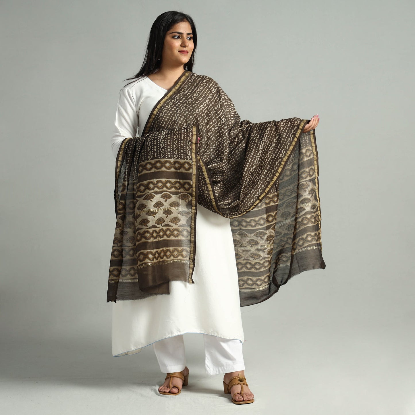 Akola Dabu Block Printed Handloom Chanderi Silk Dupatta with Zari Border 01