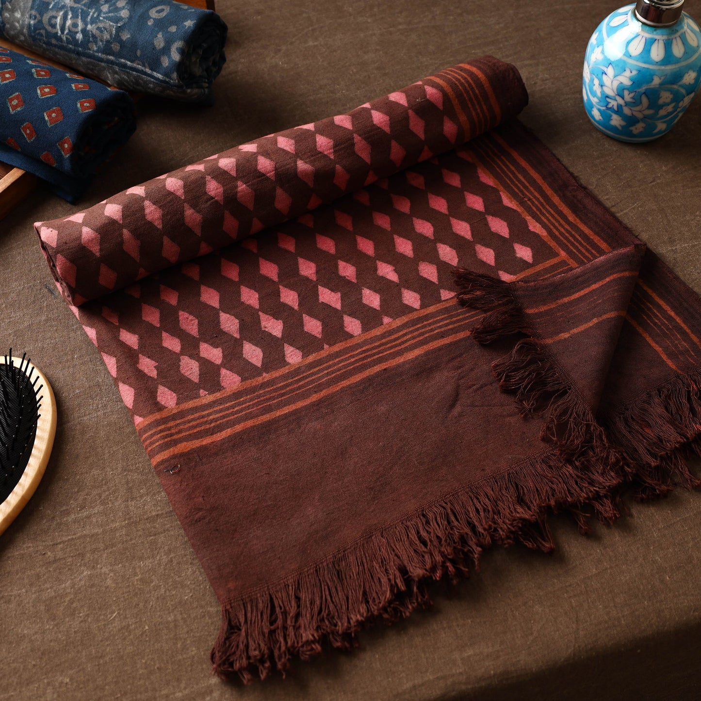 Brown Akola Block Printed Pure Handloom Cotton Towel