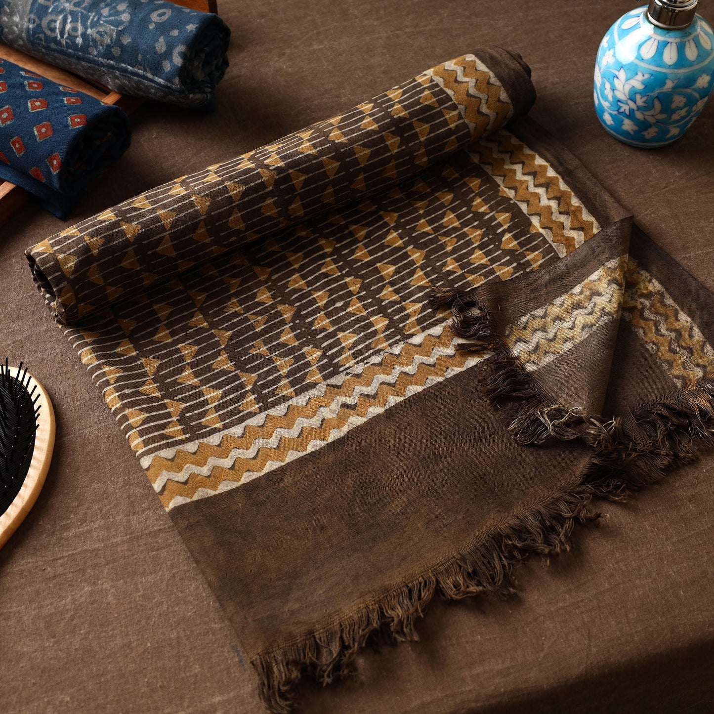 Brown Akola Block Printed Pure Handloom Cotton Towel