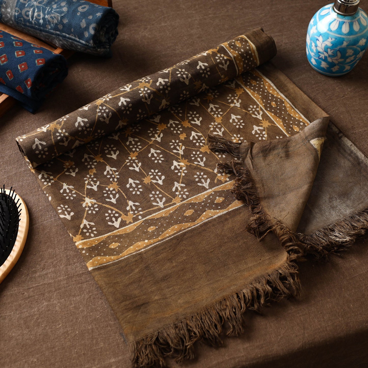 Brown Akola Block Printed Pure Handloom Cotton Towel