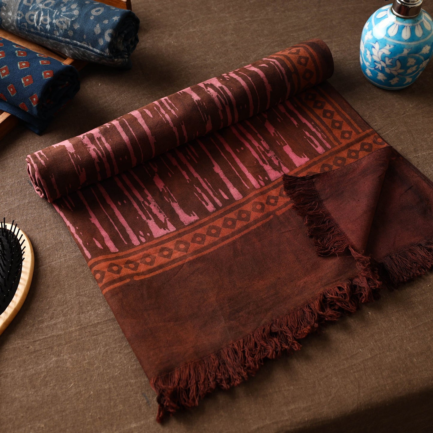 Brown Akola Block Printed Pure Handloom Cotton Towel