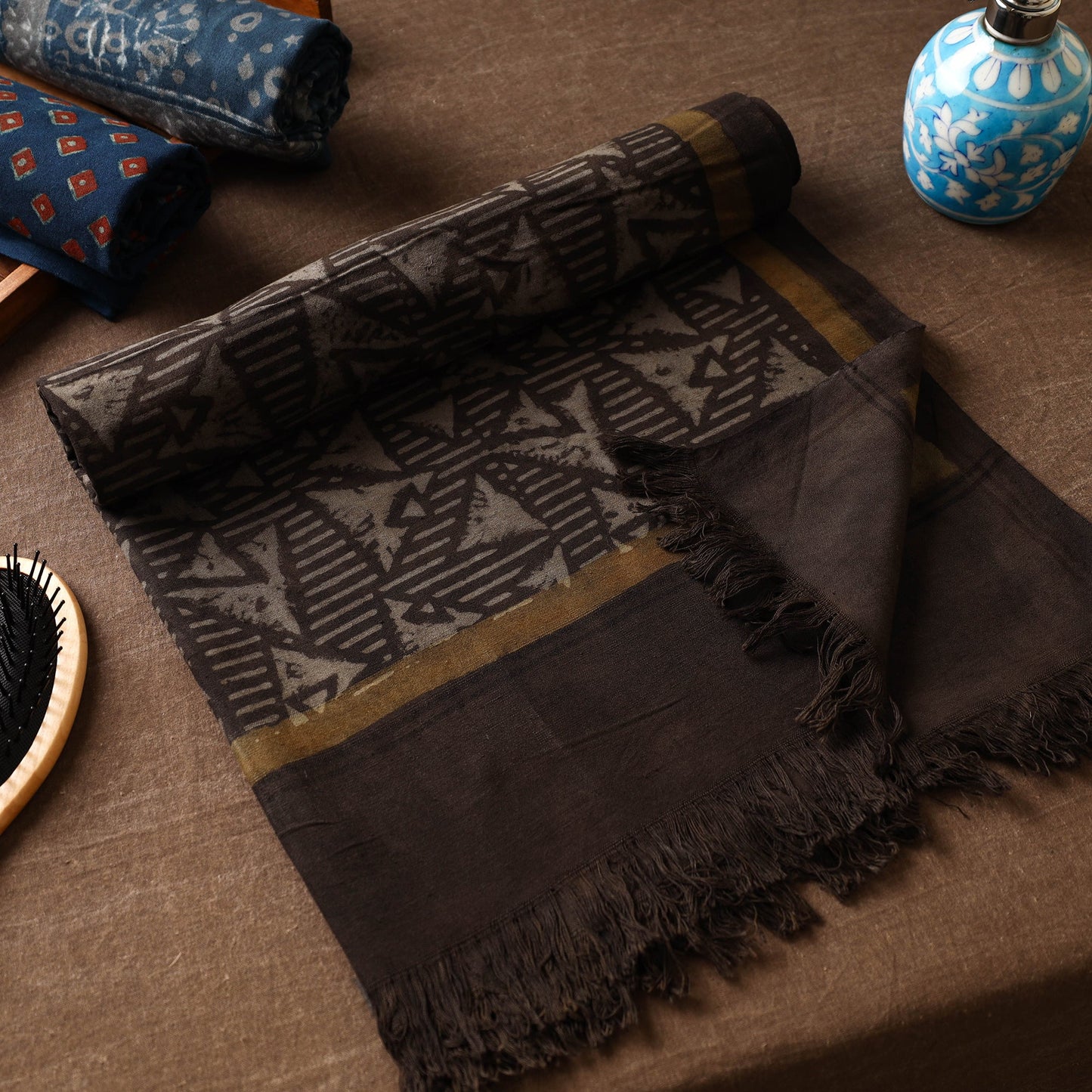Brown Akola Block Printed Pure Handloom Cotton Towel