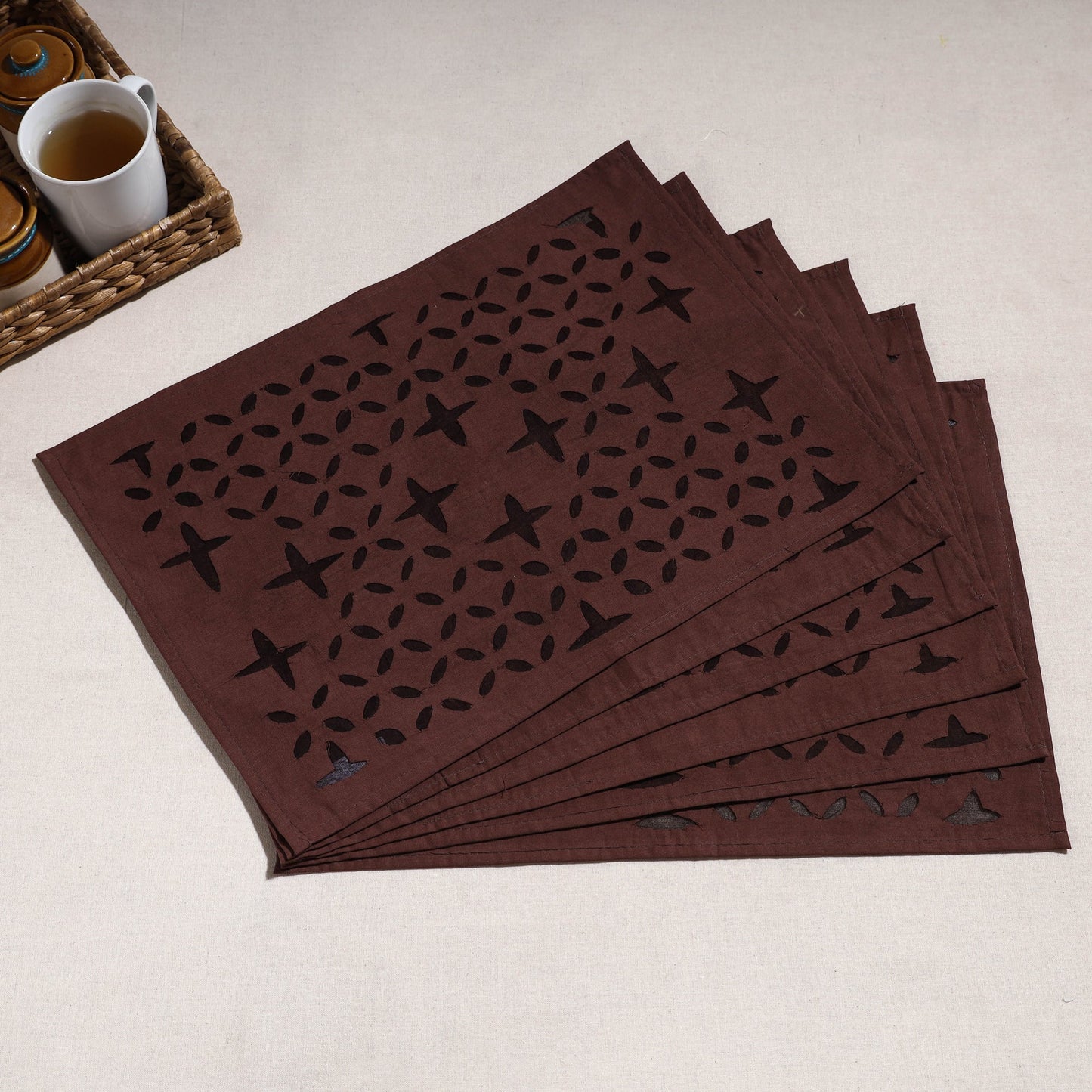 Brown Applique Cut Work Cotton Table Mats (set of 6)