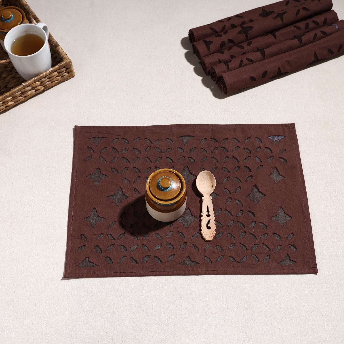 Brown Applique Cut Work Cotton Table Mats (set of 6)