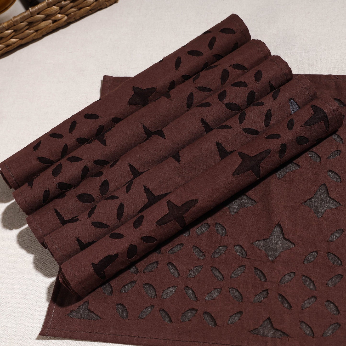 Brown Applique Cut Work Cotton Table Mats (set of 6)