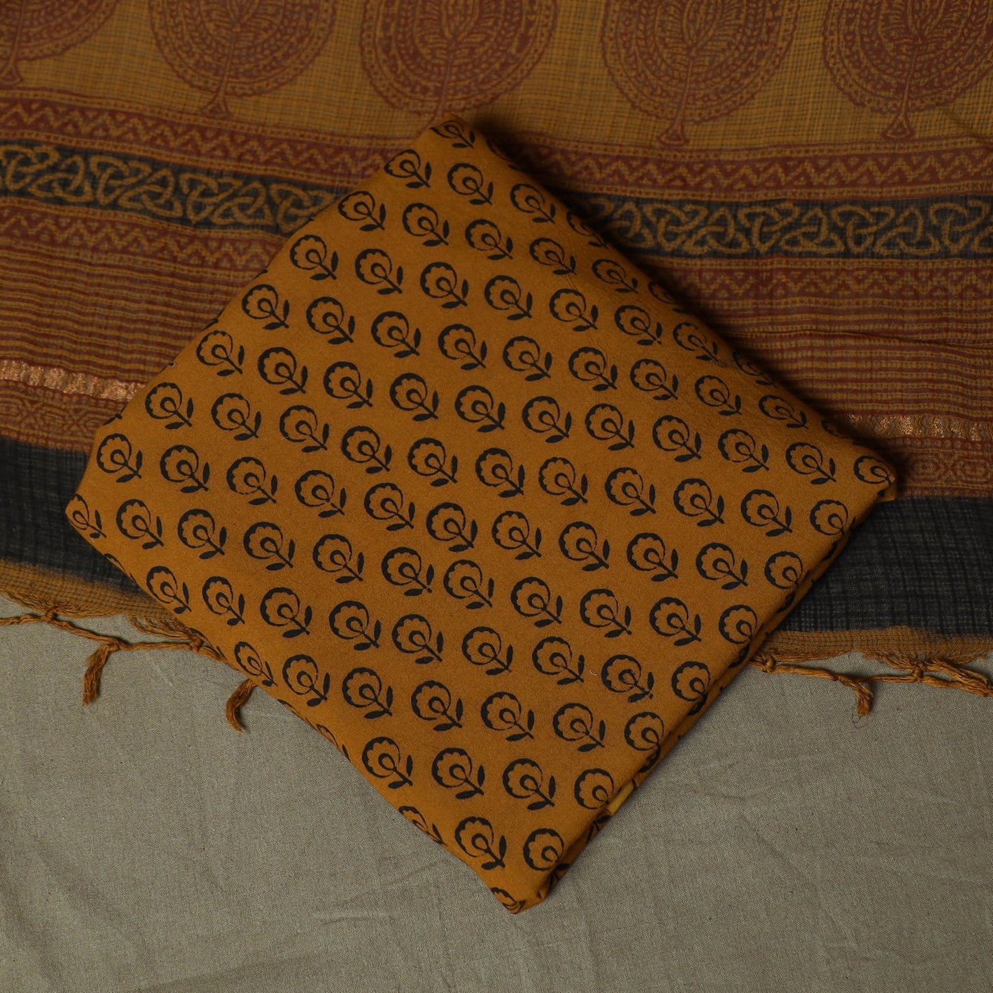 Bagh hand block print natural dyed kota doria cotton 3pc