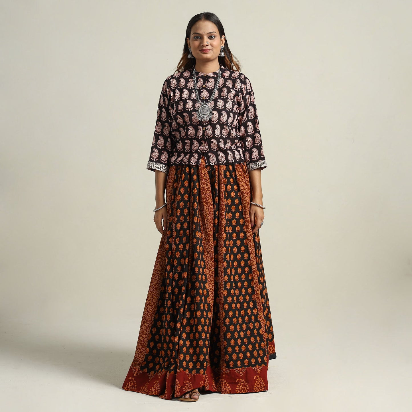 Bagh Block Printed Patchwork Cotton Long Skirt
