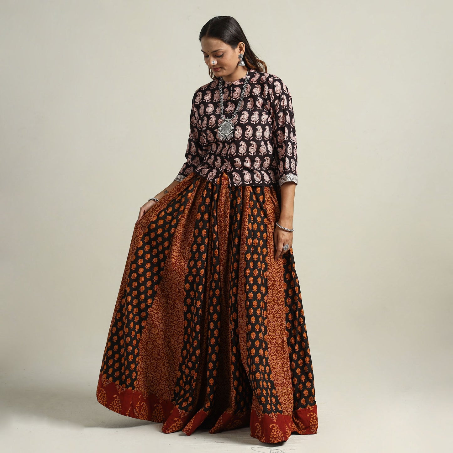 Bagh Block Printed Patchwork Cotton Long Skirt