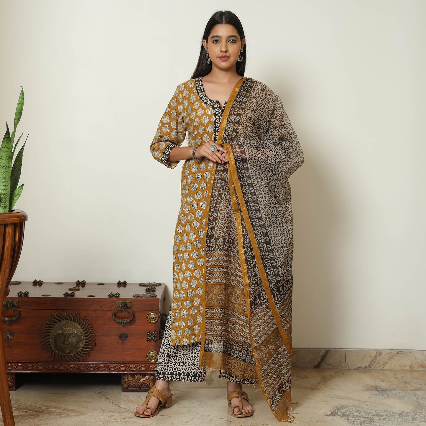 Bagru Block Printed Cotton Kurta with Palazzo & Kota Doria Dupatta Set 11