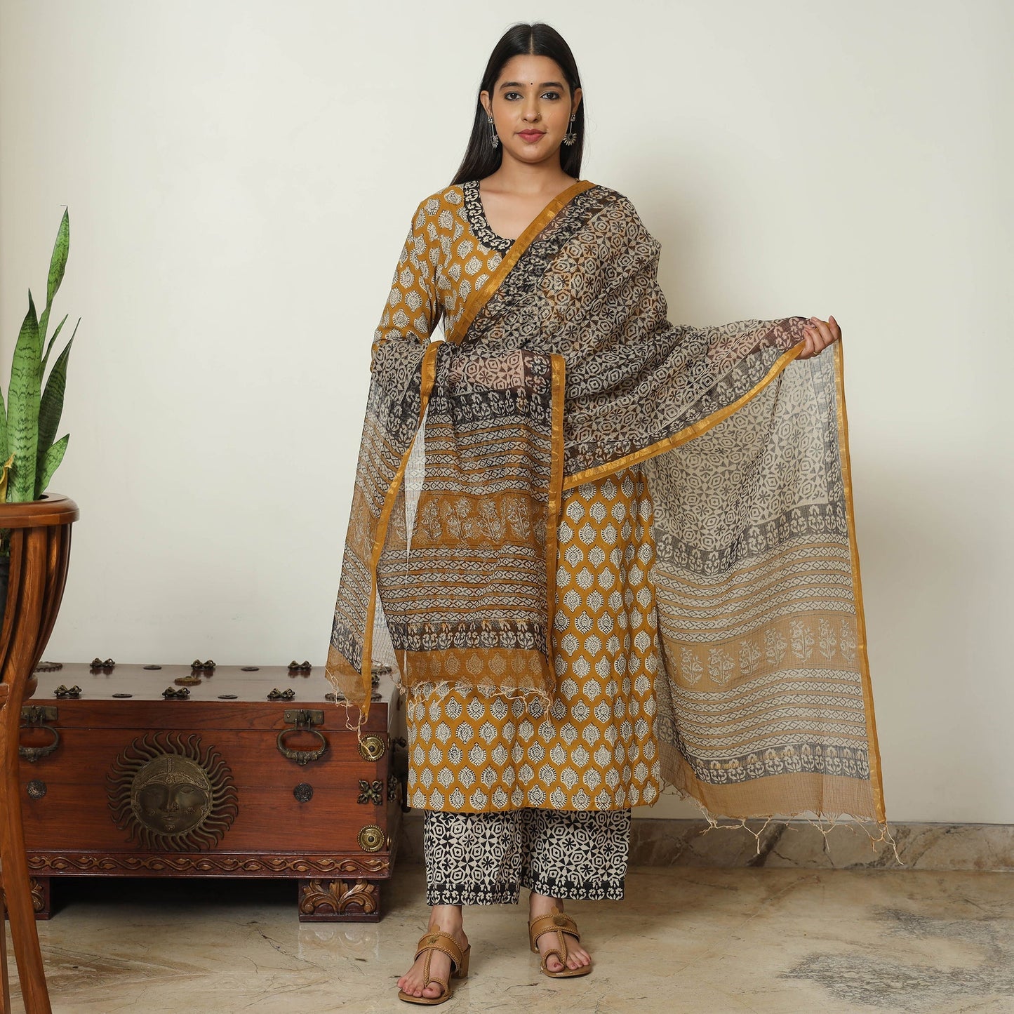 Bagru Block Printed Cotton Kurta with Palazzo & Kota Doria Dupatta Set 11