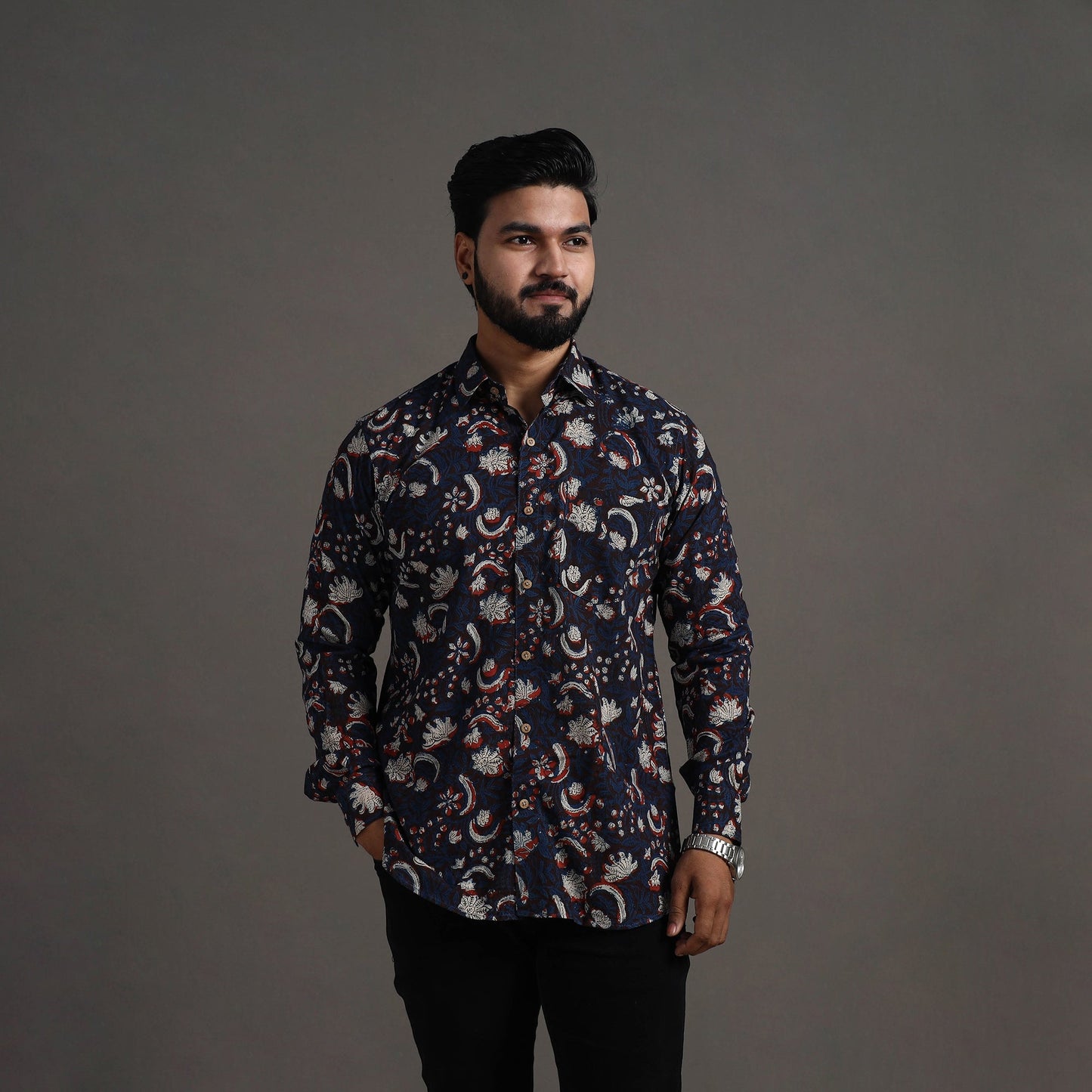 Brown Bagru Block Printed Cotton Men Full Sleeve Shirt