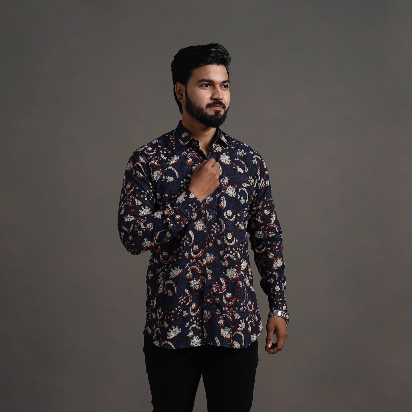 Brown Bagru Block Printed Cotton Men Full Sleeve Shirt