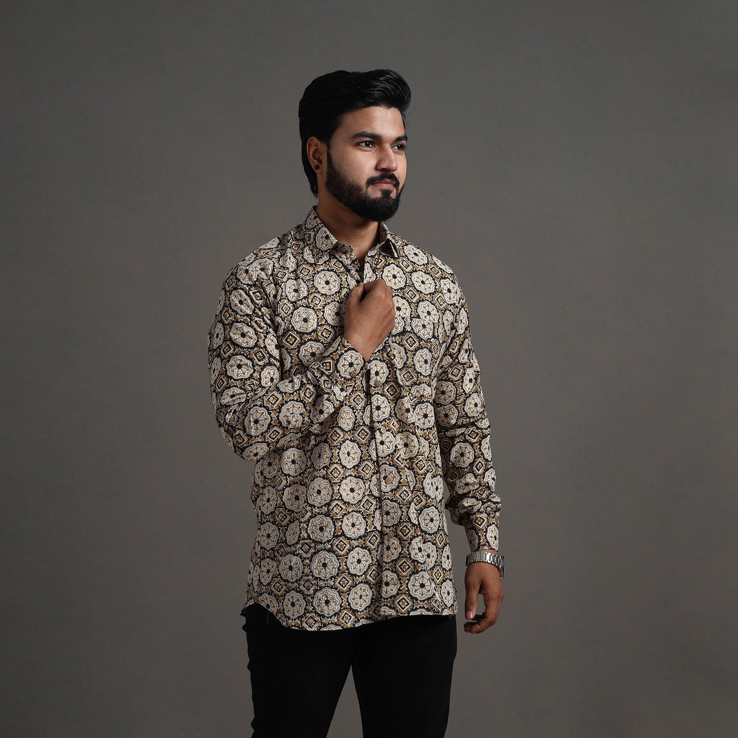 Brown Bagru Block Printed Cotton Men Full Sleeve Shirt
