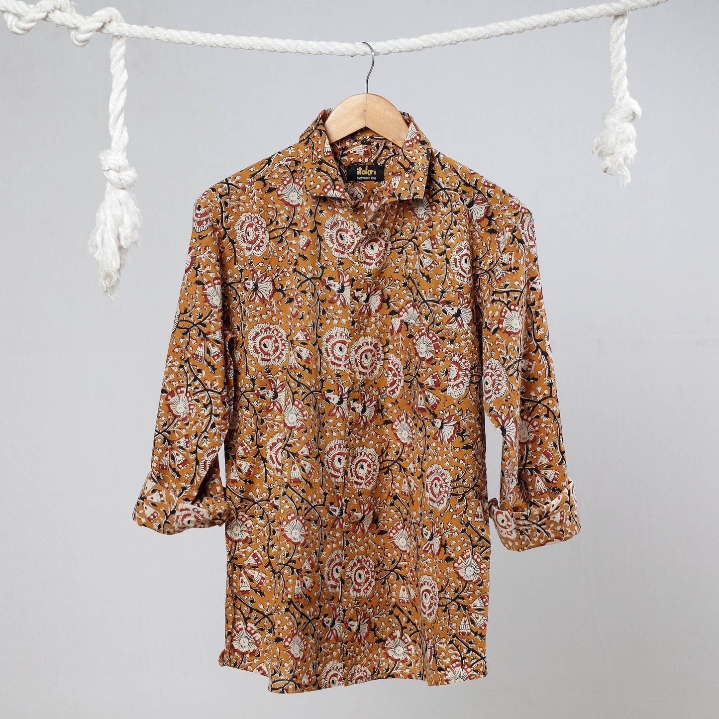 Brown Bagru Dabu Block Printed Cotton Men Full Sleeve Shirt