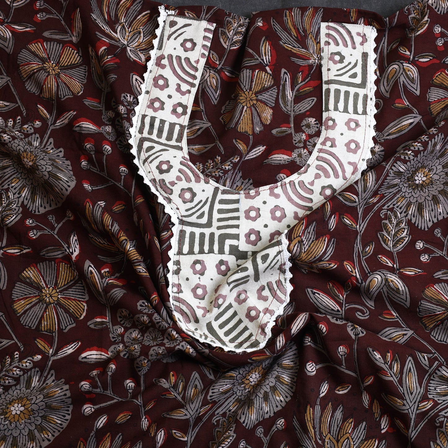 Buy Brown Bagru Print Patchwork Cotton Kurta Material
