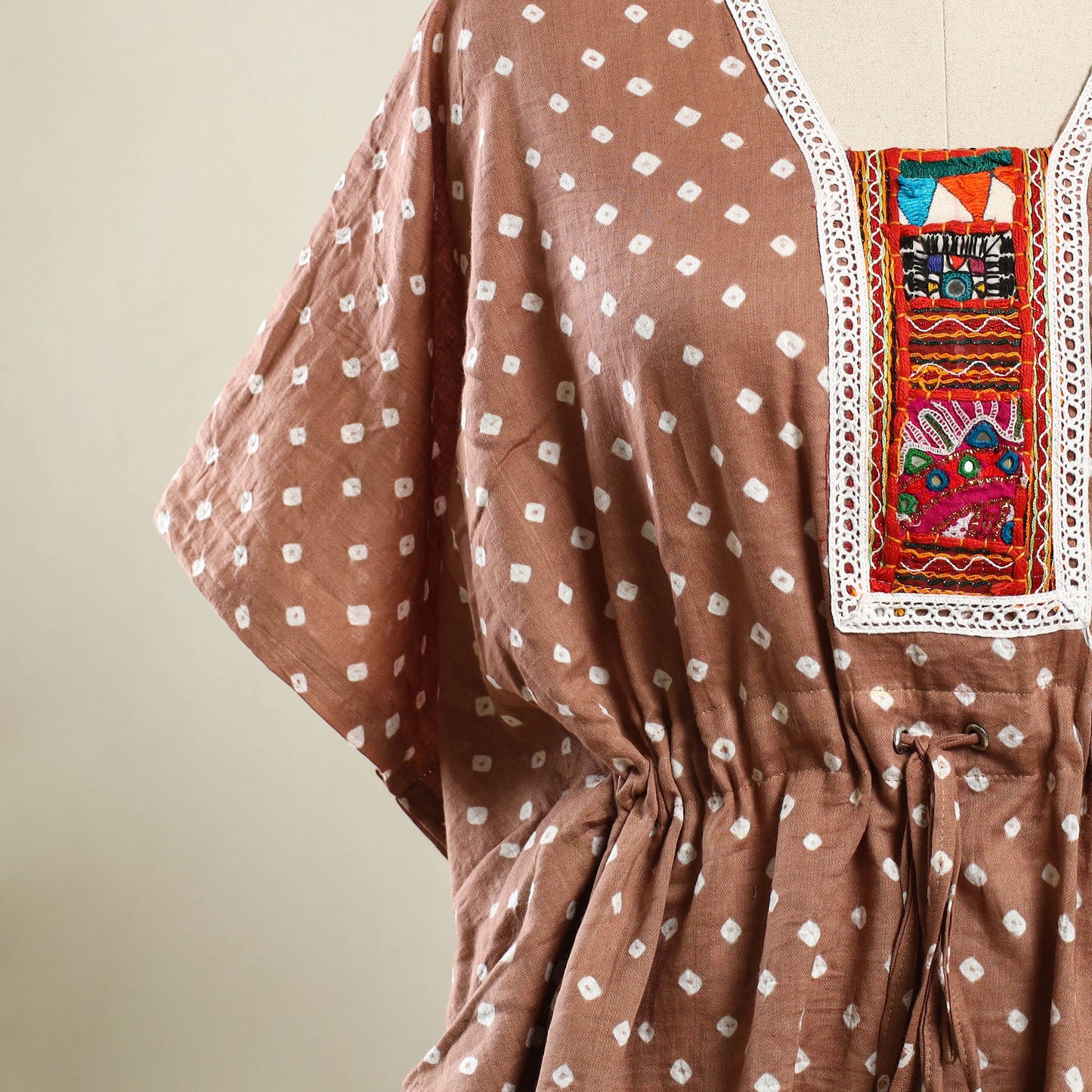Buy Brown Bandhani Cotton Kaftan with Desert Embroidery