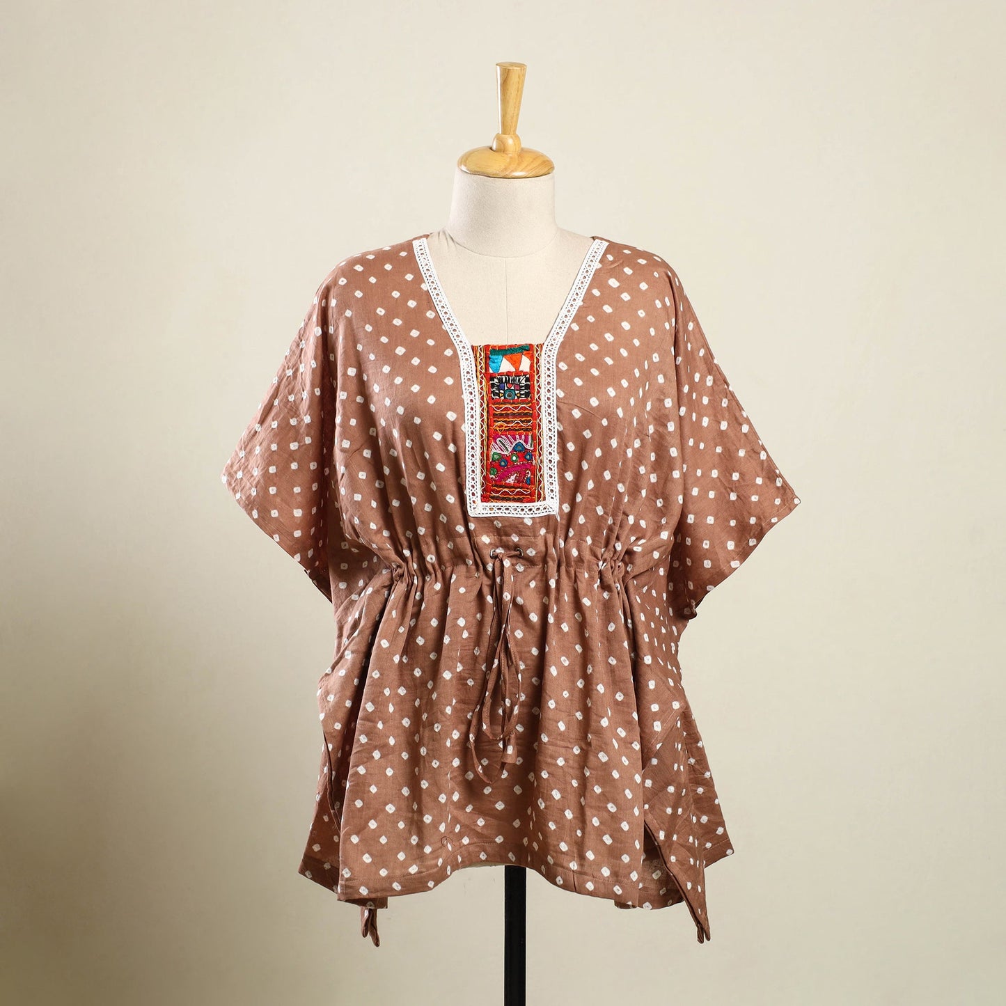 Buy Brown Bandhani Cotton Kaftan with Desert Embroidery