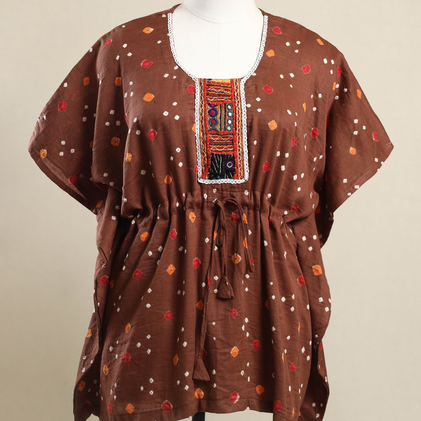 Buy Brown Bandhani Cotton Kaftan with Desert Embroidery