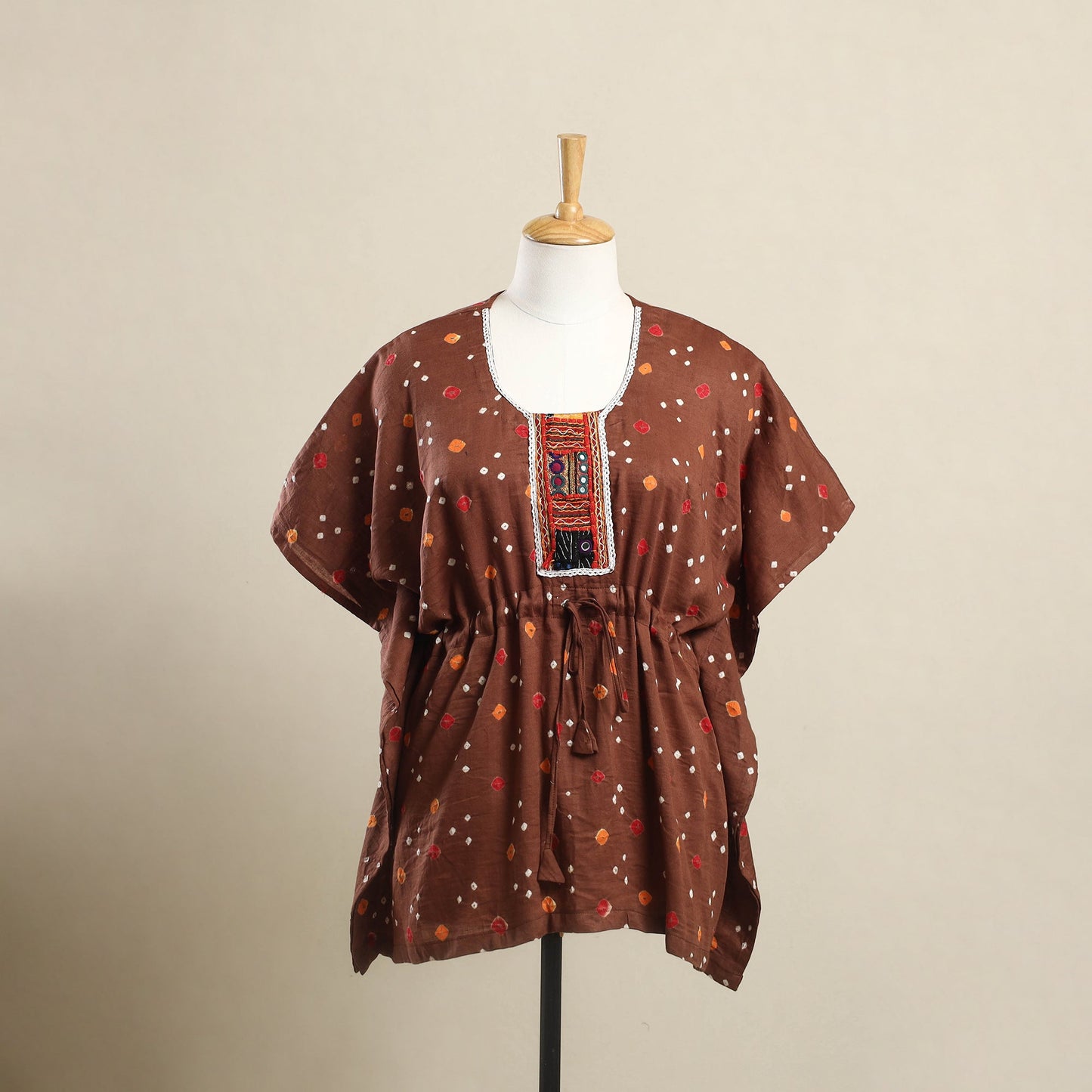 Buy Brown Bandhani Cotton Kaftan with Desert Embroidery