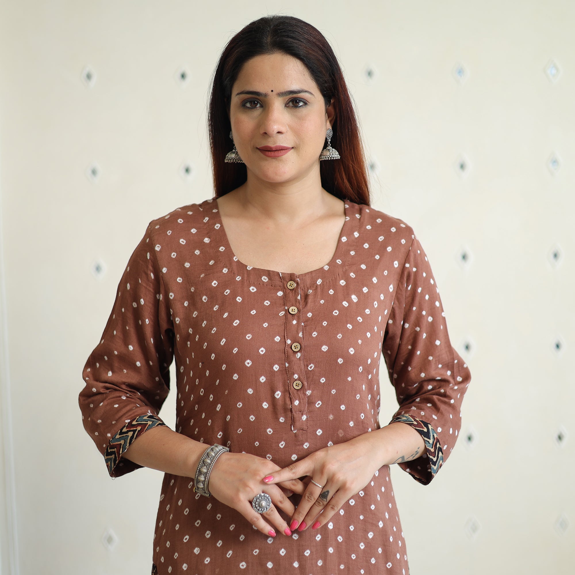 Brown - Bandhani Tie-dye Cotton Long Straight Kurta for women 28