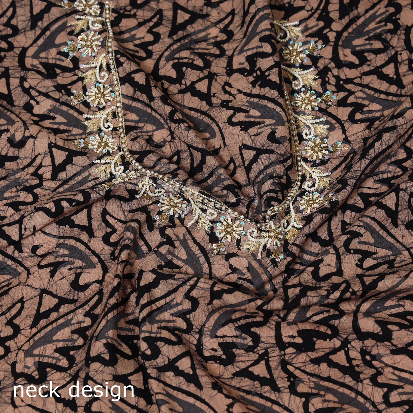 Brown Batik Print Hand Embroidery Cotton Blouse Piece