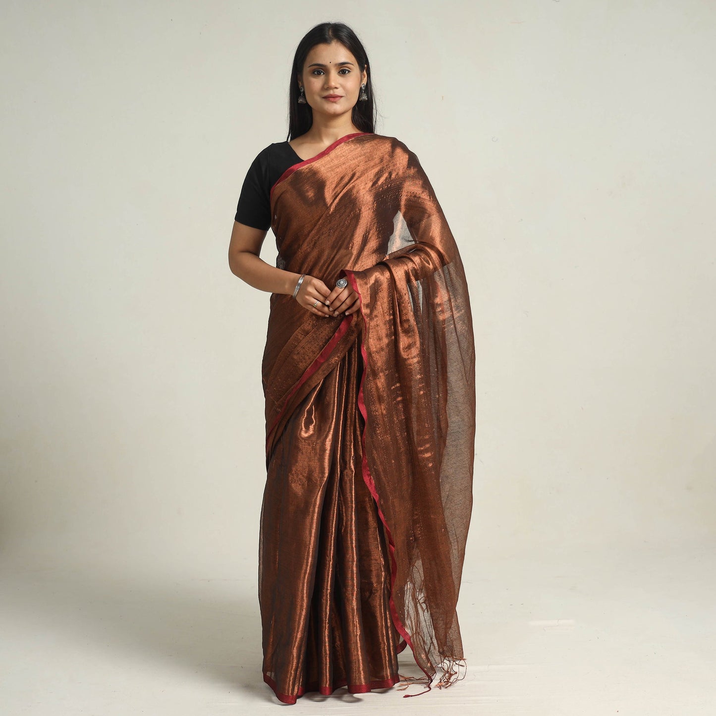 Buy Brown Bengal Fine Tissue Zari Saree Online at iTokri.com