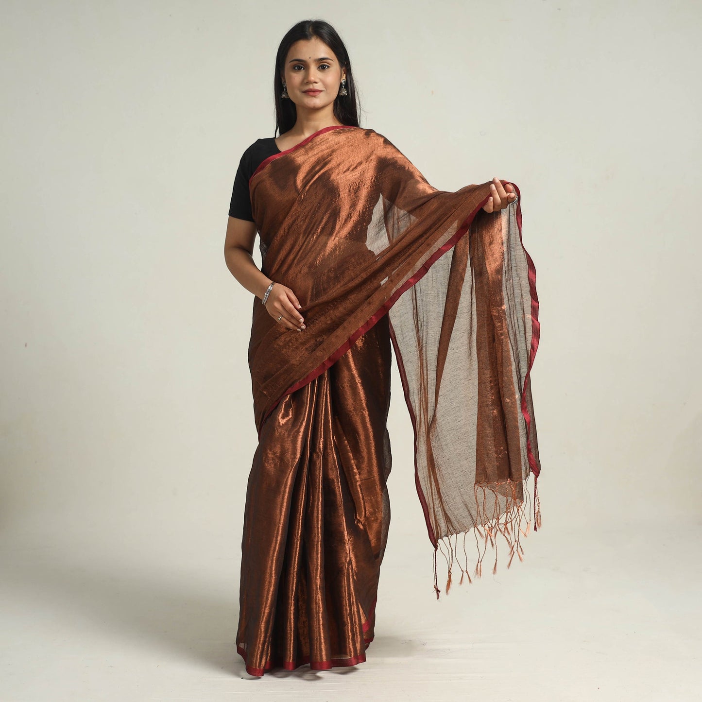Buy Brown Bengal Fine Tissue Zari Saree Online at iTokri.com
