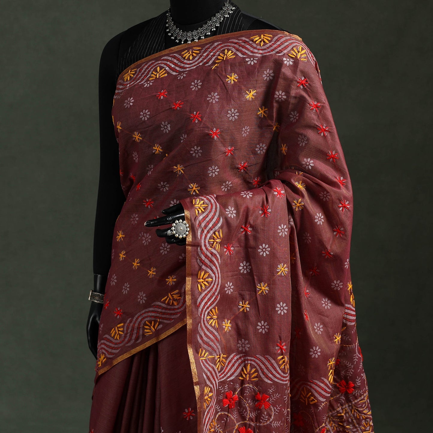 Bengal kantha hand embroidery silk cotton chapa work saree
