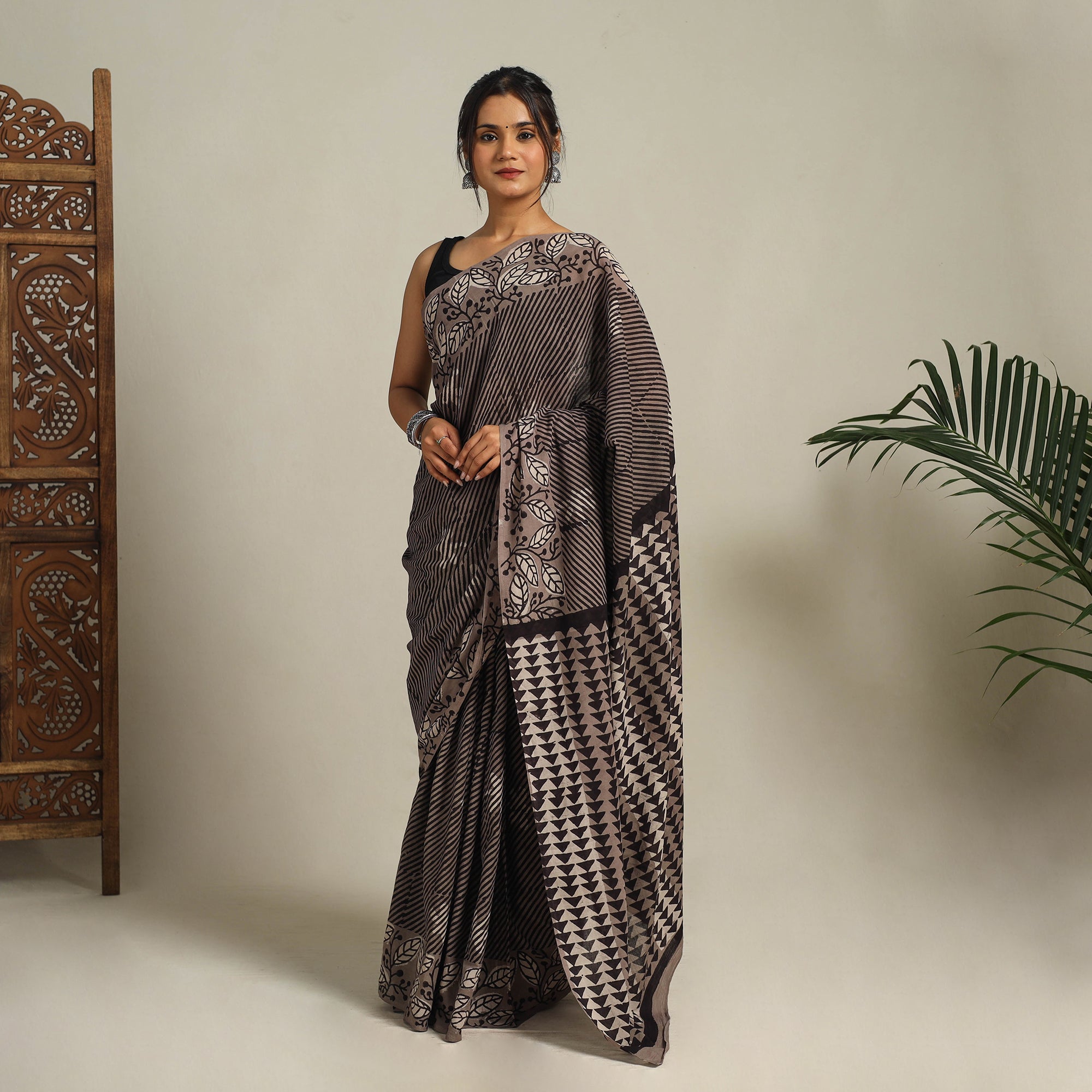 Brown - Bindaas Natural Dyed Cotton Block Print Fabric - Leafy Jaal