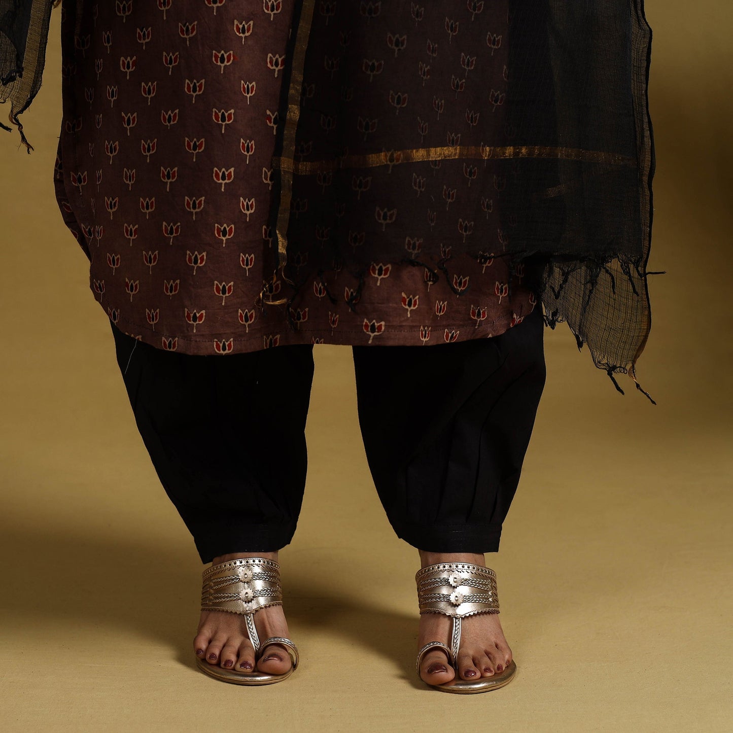 Brown Block Print Cotton Ajrakh Kurta Set with Dupatta