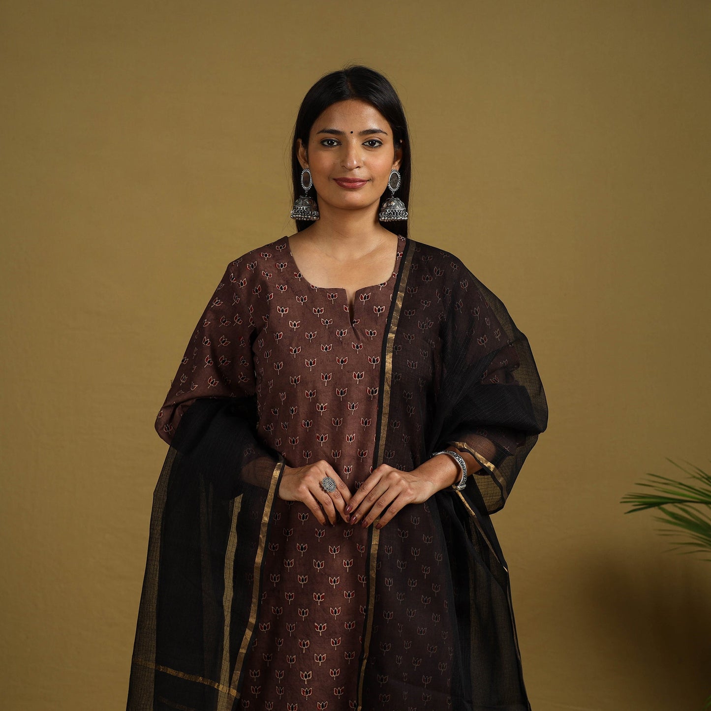 Brown Block Print Cotton Ajrakh Kurta Set with Dupatta