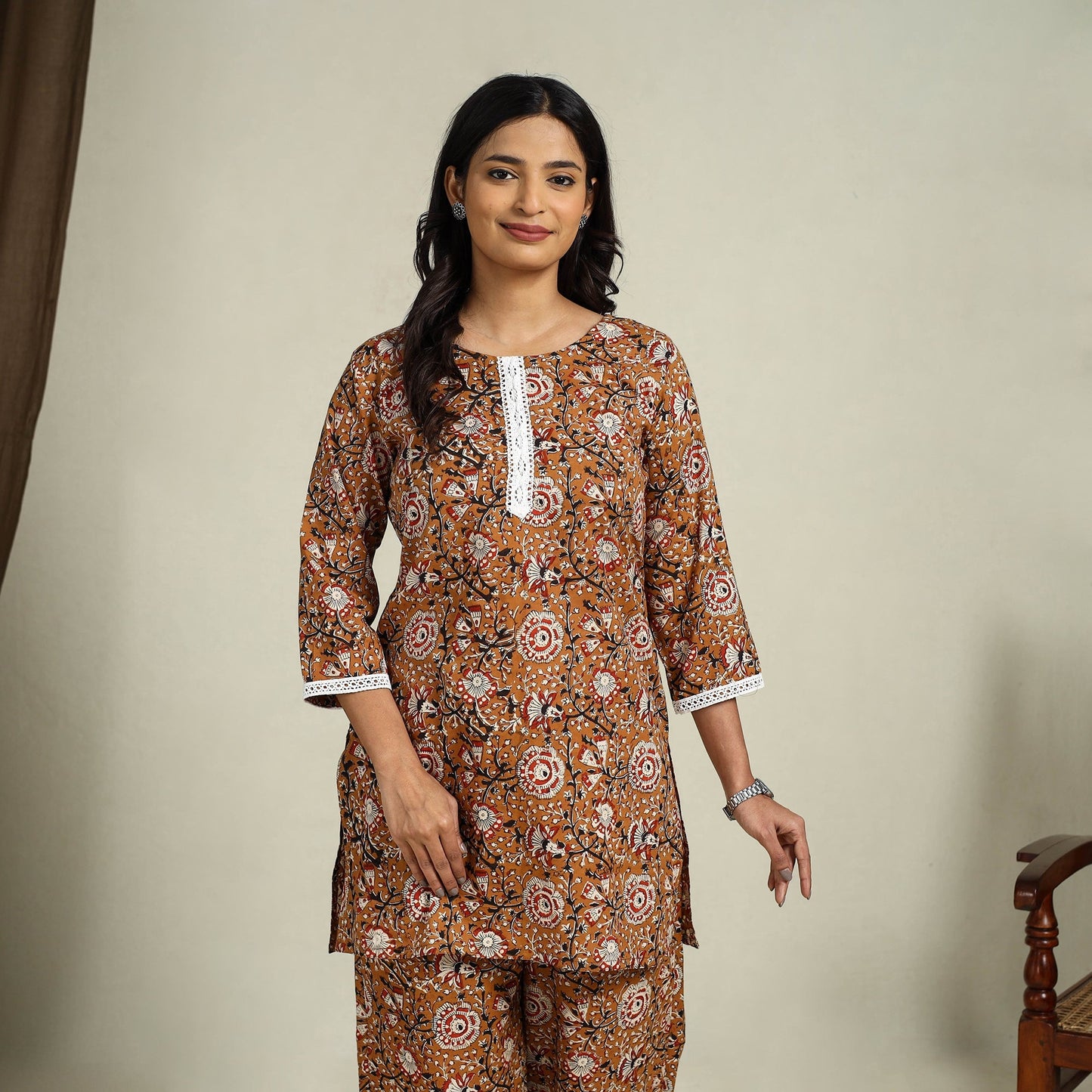 Brown Block Print Cotton Bagru Night Suit Set
