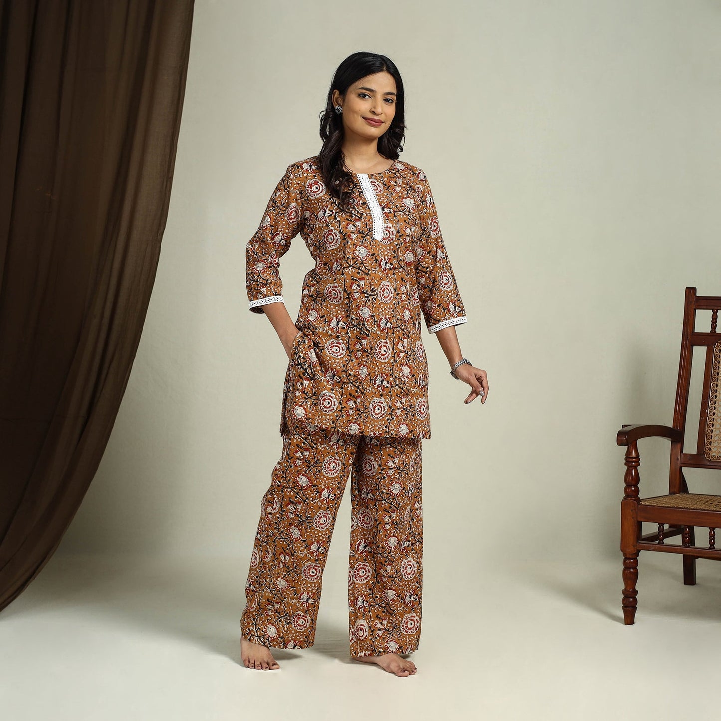 Brown Block Print Cotton Bagru Night Suit Set