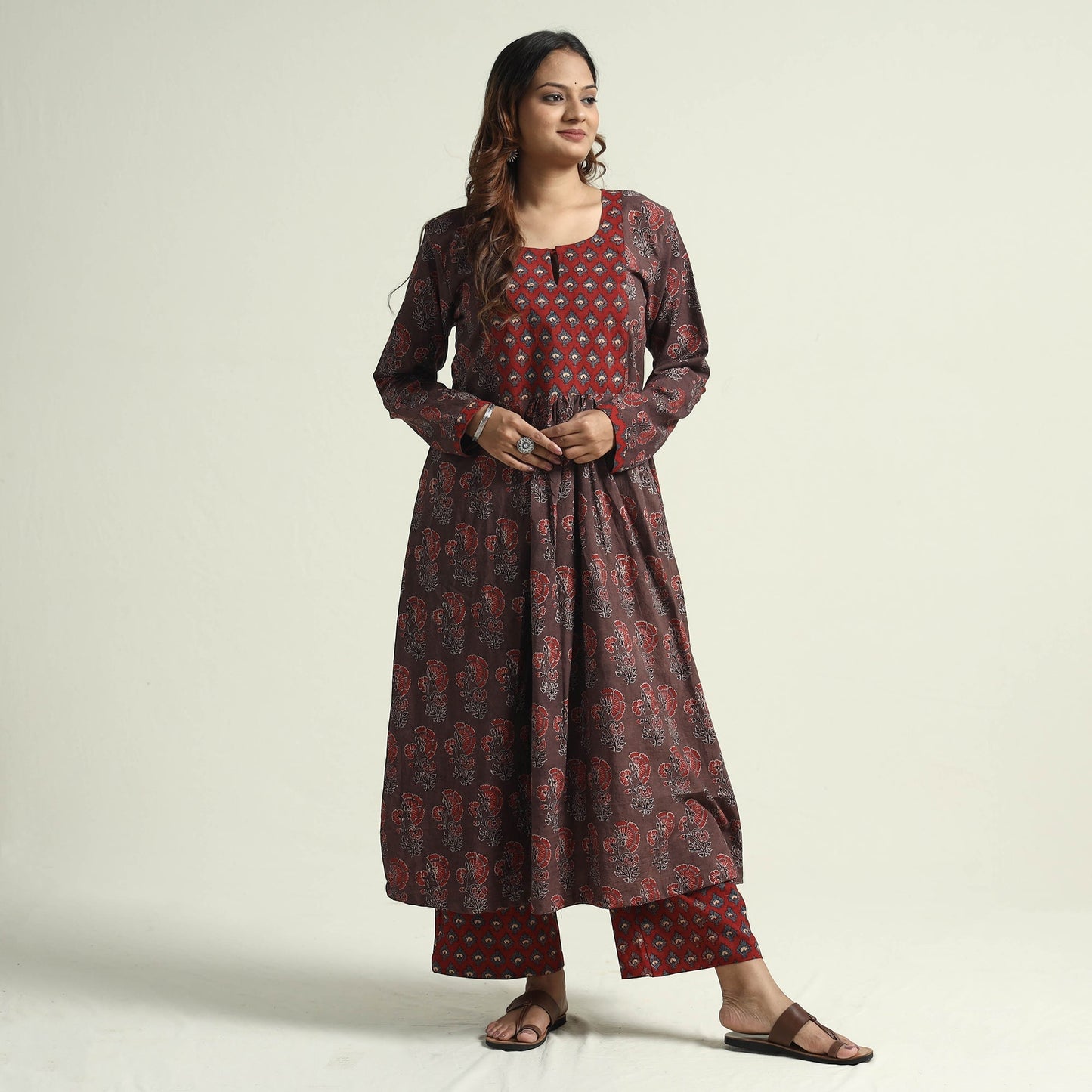 Block Print Cotton Flared Ajrakh Kurta with Palazzo Set