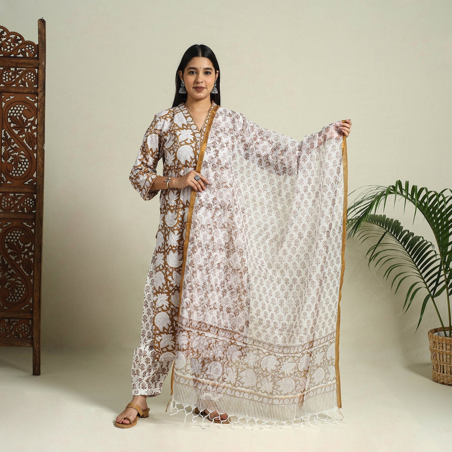 Brown Block Print Cotton Sanganeri Kurta Set