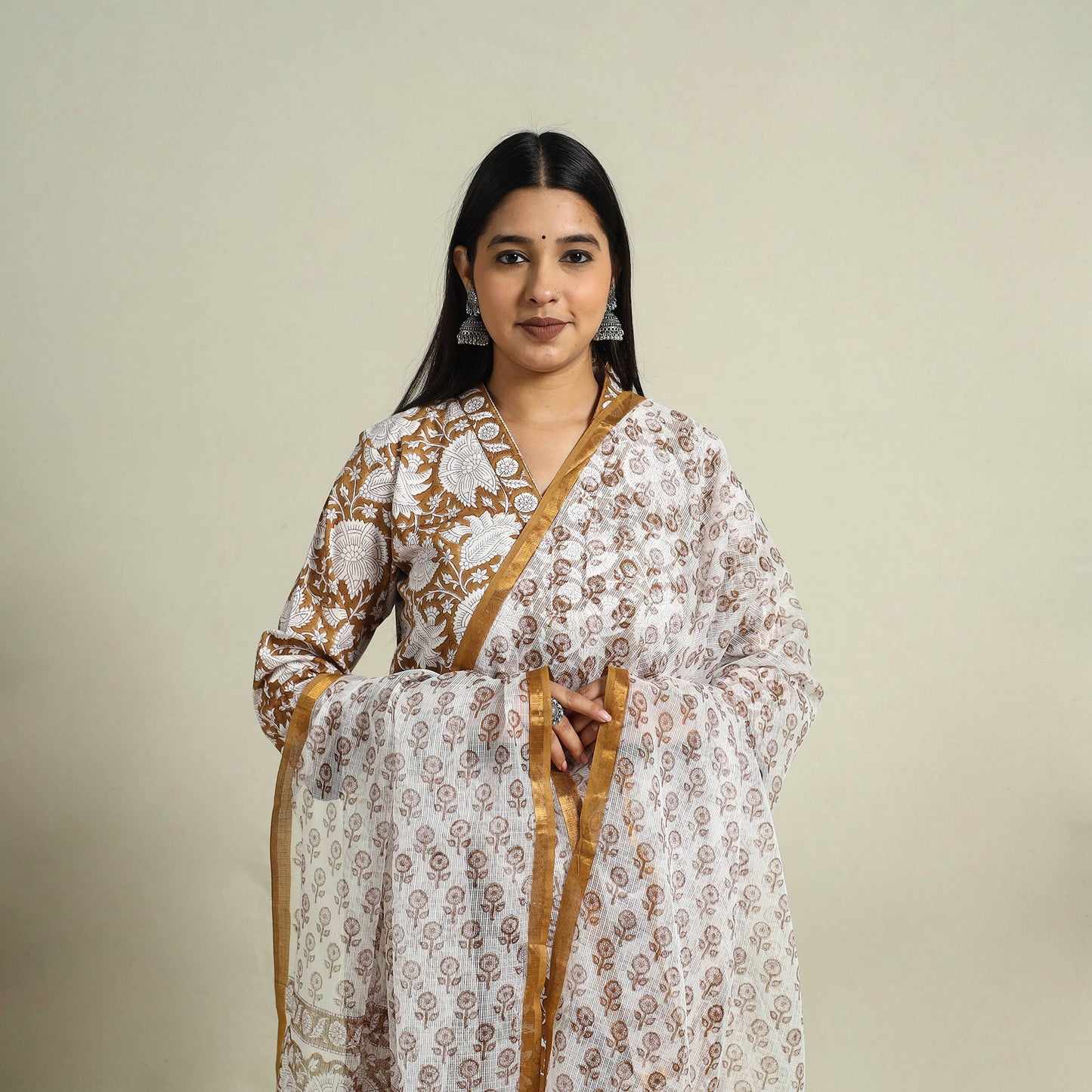 Brown Block Print Cotton Sanganeri Kurta Set
