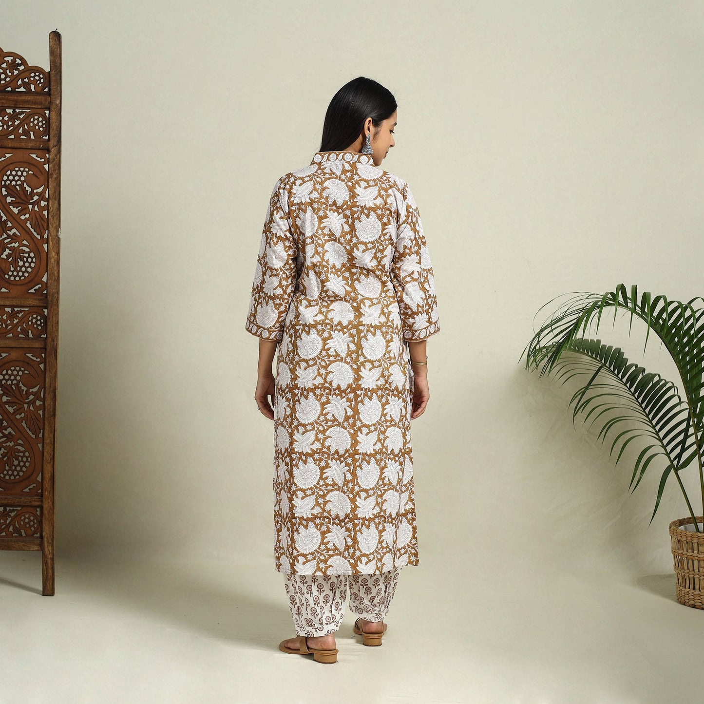 Brown Block Print Cotton Sanganeri Kurta Set