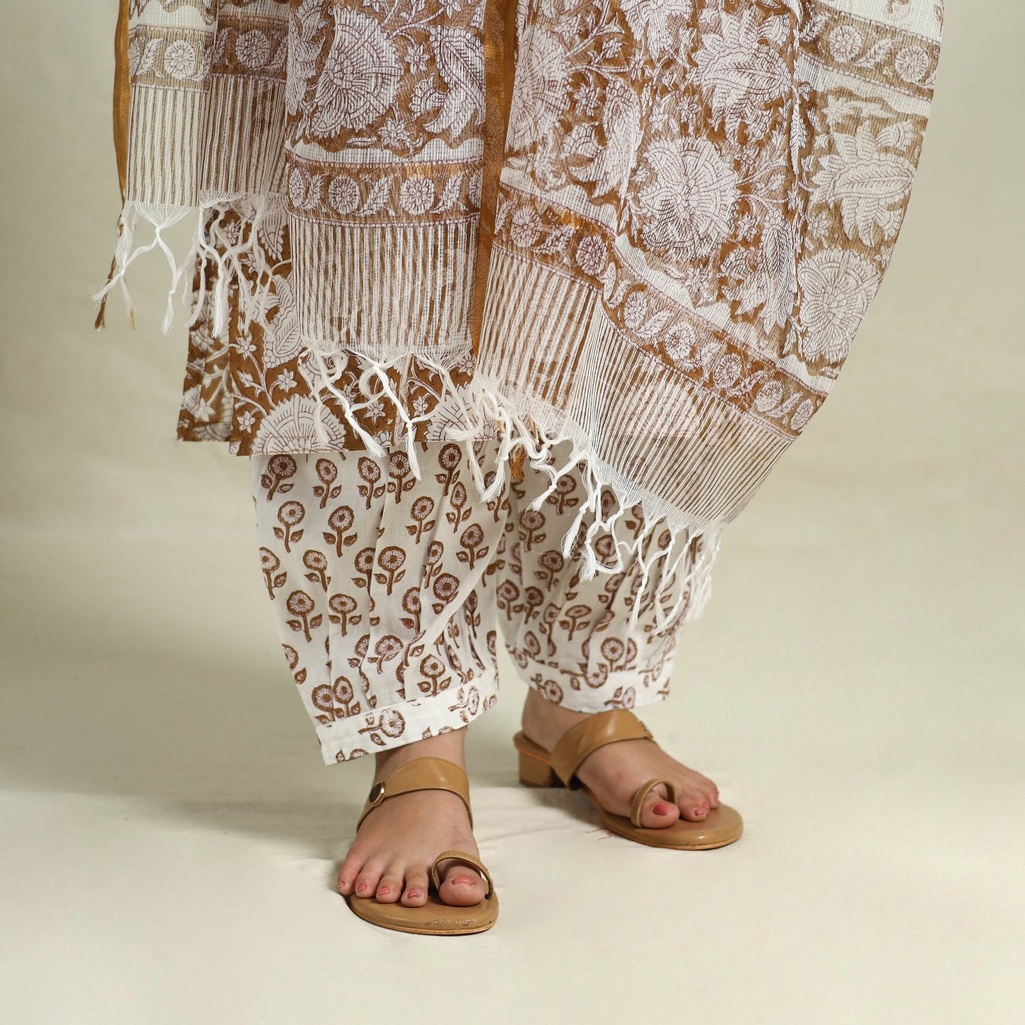Brown Block Print Cotton Sanganeri Kurta Set