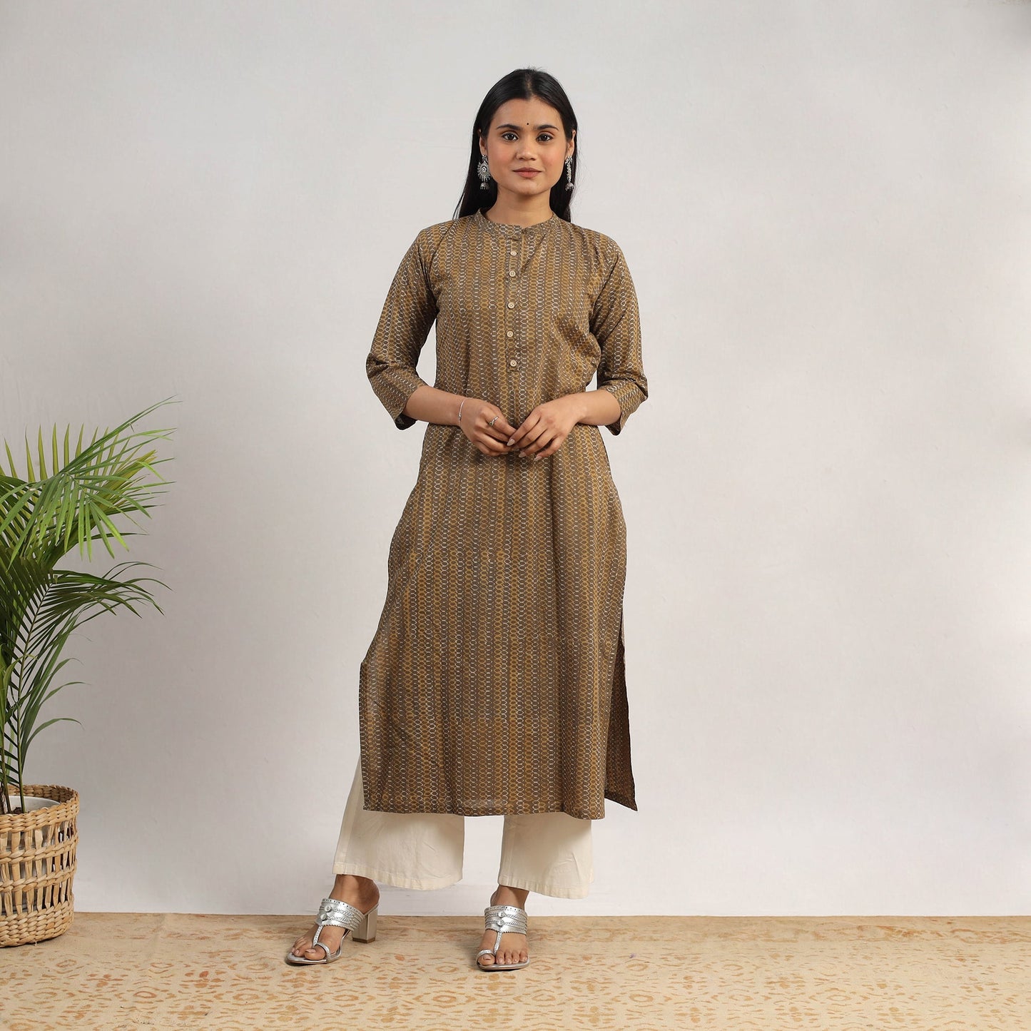 Brown Block Print Cotton Straight Akola Kurta