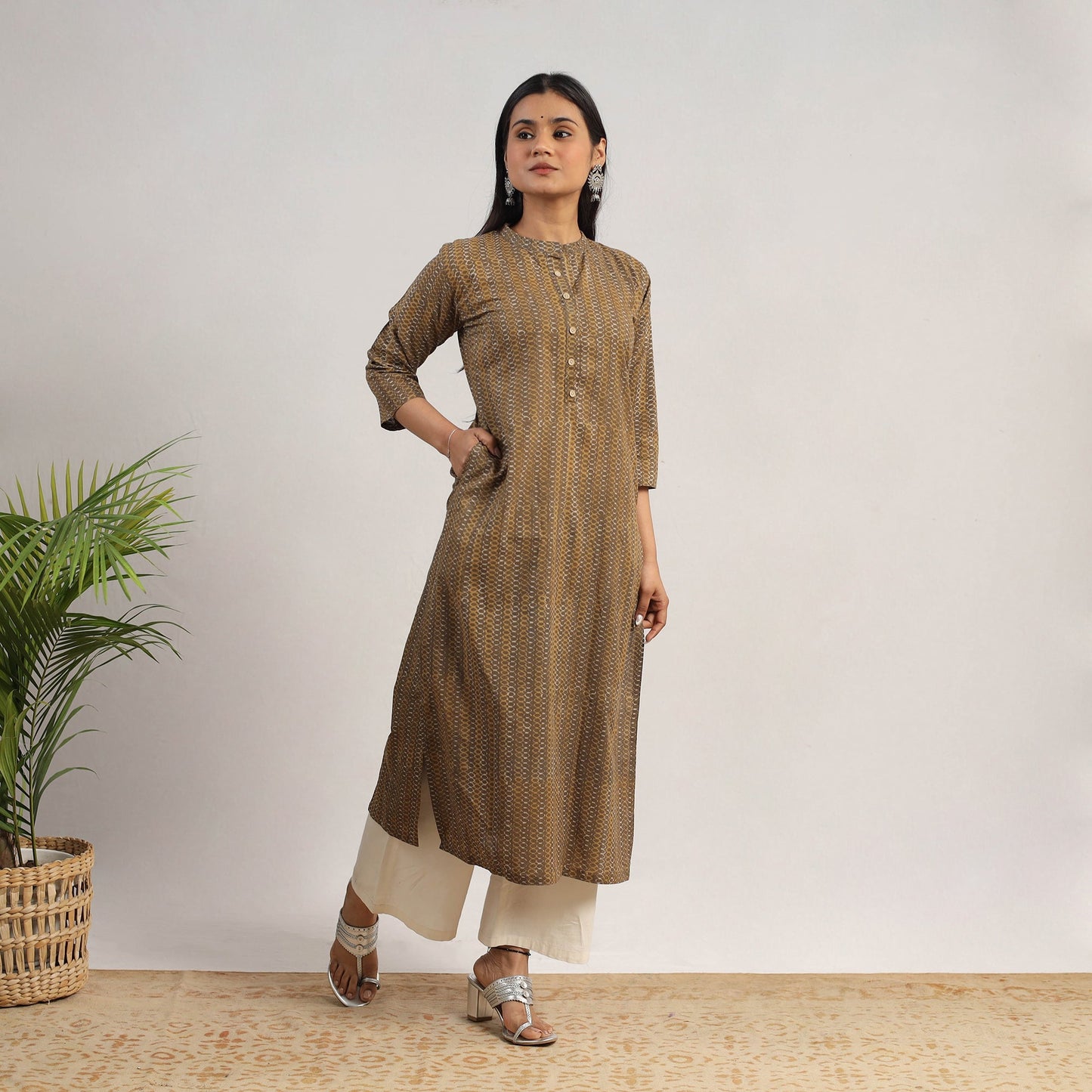 Brown Block Print Cotton Straight Akola Kurta