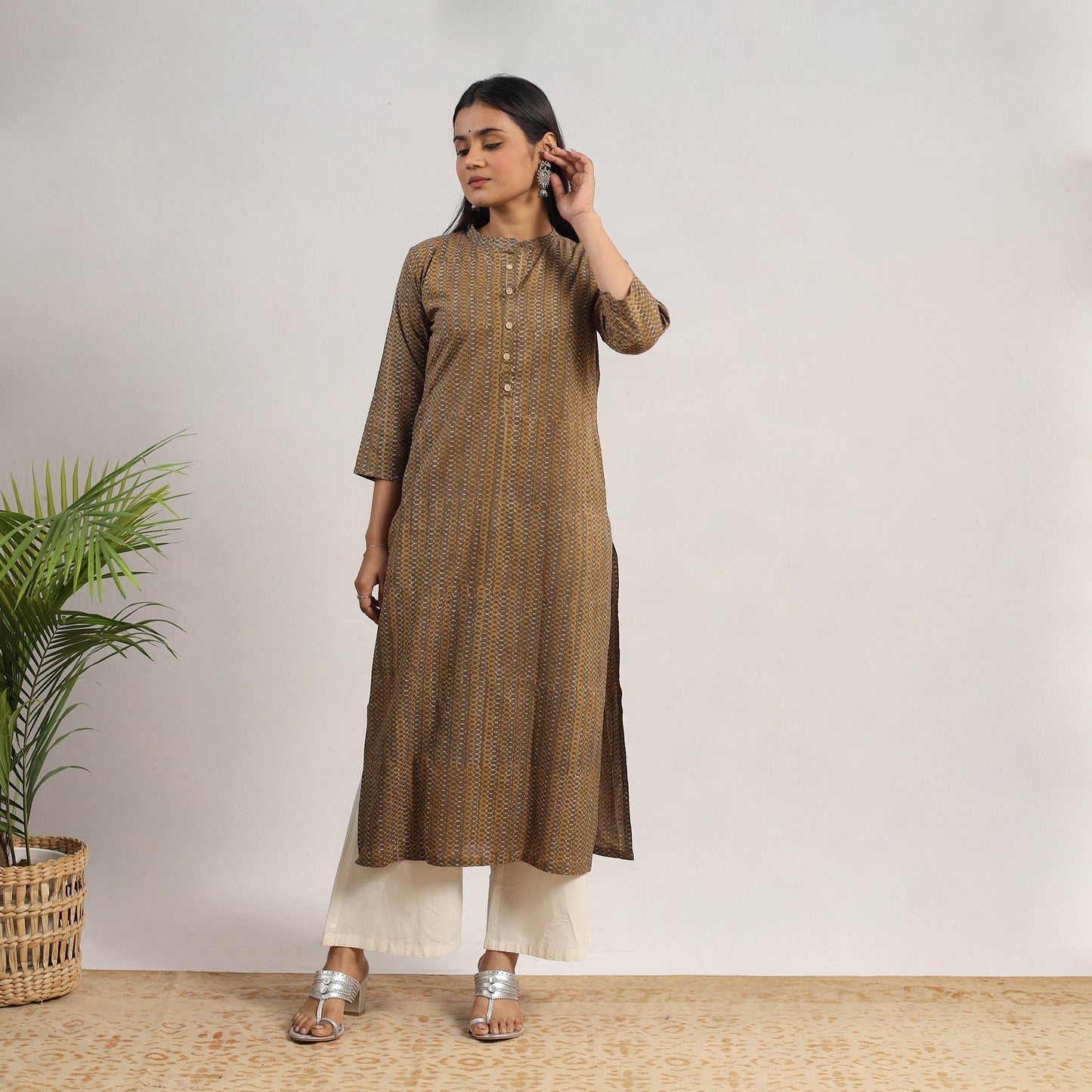 Brown Block Print Cotton Straight Akola Kurta