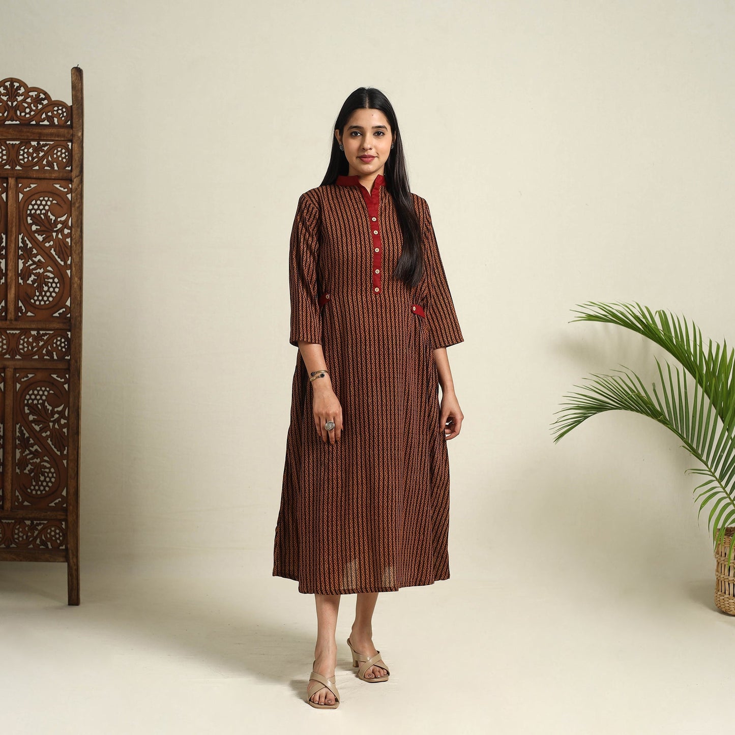 Brown Block Print Mul Cotton Bagh Dress