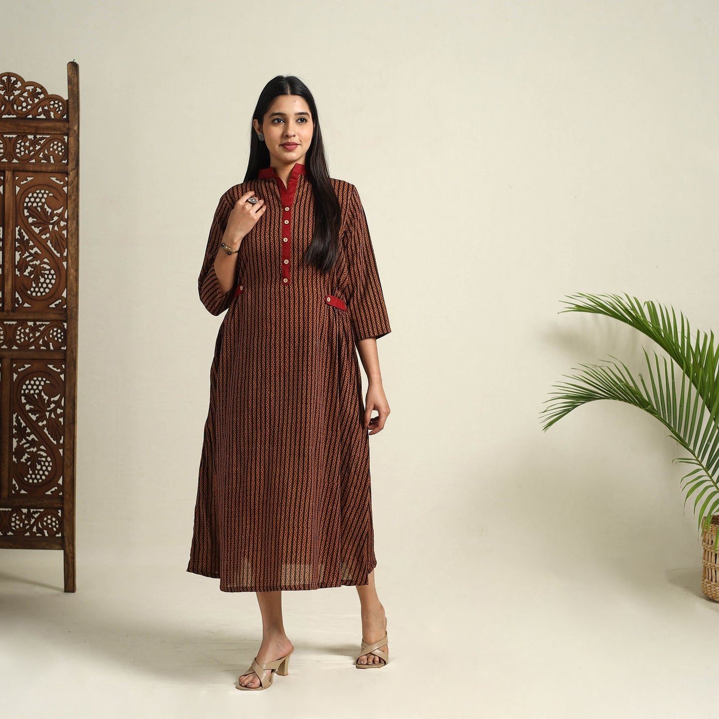 Brown Block Print Mul Cotton Bagh Dress