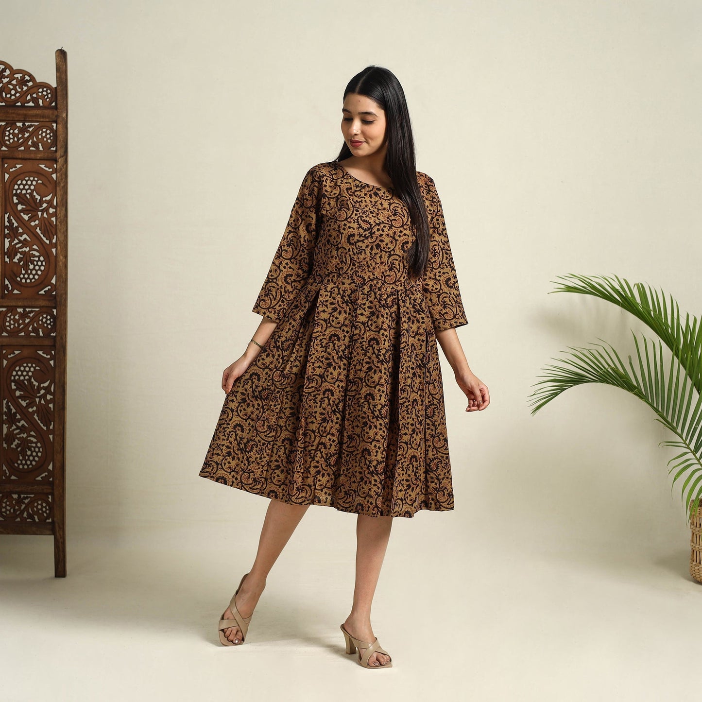 Brown Block Print Mul Cotton Short Flared Bagh Dress