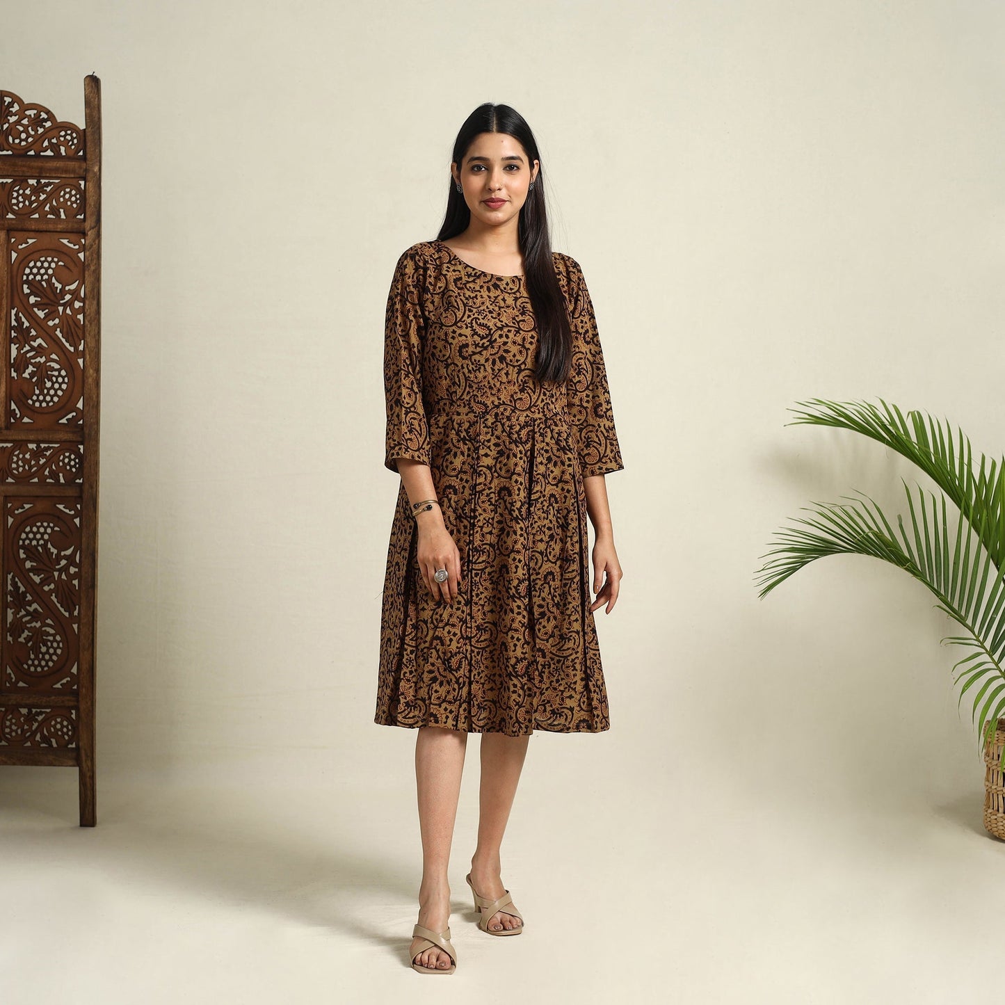 Brown Block Print Mul Cotton Short Flared Bagh Dress