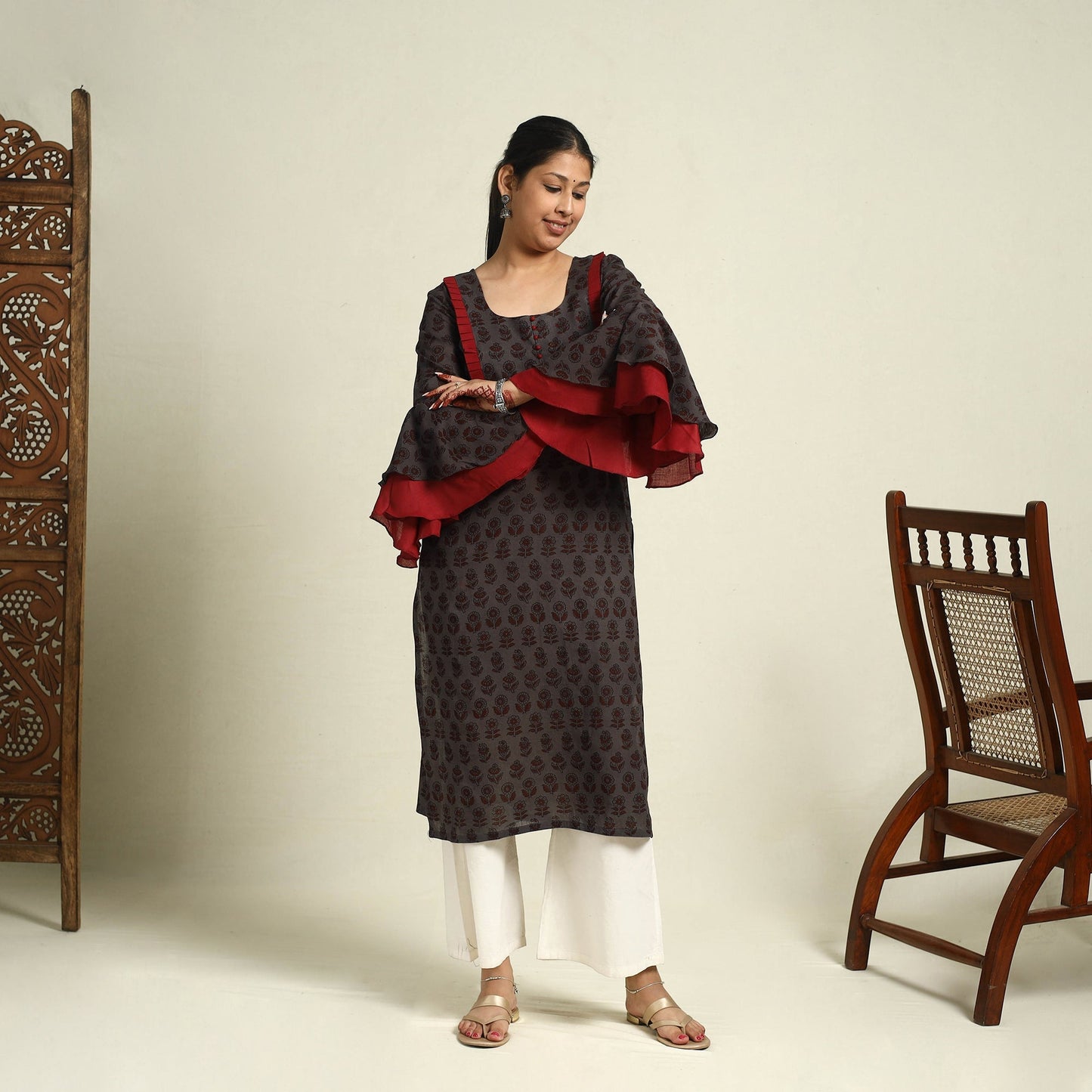 Brown Block Print Mul Cotton Straight Bagh Kurta for Women