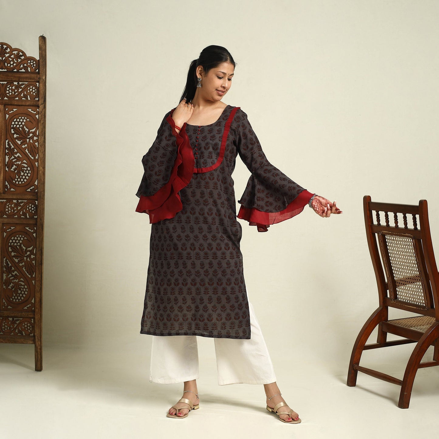 Brown Block Print Mul Cotton Straight Bagh Kurta for Women